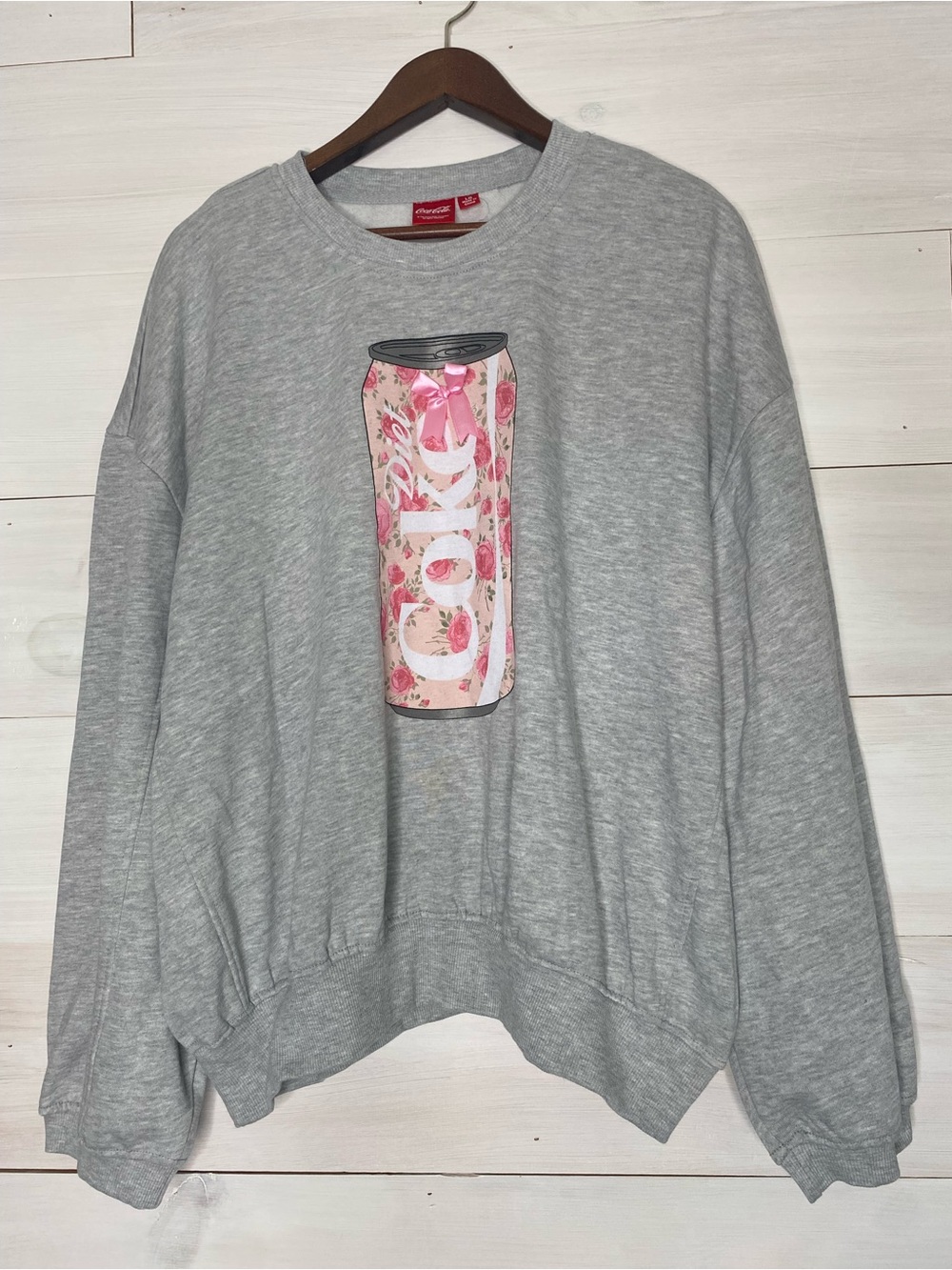 Coca-Cola Diet Coke Pink Floral Soda Can Bow Sweatshirt Gray Large (12-14)